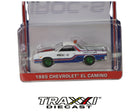 1985 Chevrolet El Camino IROC-S Green Machine Chase by GreenLight in 1:64 scale with IROC graphics, red and blue stripes and green wheels.