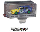 1994 Ford Escort RS Cosworth Pilot Green Machine Chase by GreenLight in 1:64 scale with blue and yellow rally livery and metallic green wheels.