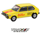 Yellow Volkswagen Golf MK1 GreenLight diecast with vintage German graphics side front view