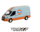GreenLight 2019 Ford Transit LWB High Roof Gulf livery 1:64 scale diecast van front angle view.