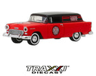 GreenLight 1955 Chevrolet Sedan Delivery Marvel Mystery Oil diecast front angle view in red and black.