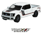 GreenLight 1:64 2018 Ford F-150 Lariat FX4 Special Edition white pickup front three-quarter view with FX4 graphics and black wheels