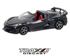 Front angle view of black 2020 Chevrolet Corvette Stingray Convertible with red interior by GreenLight.
