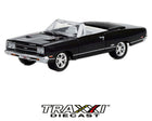 Front angle view of the black Plymouth GTX Convertible with chrome wheels and 440 hood callouts.