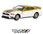 Front angle view of white and gold 2021 Ford Mustang Mach 1 diecast by GreenLight Collectibles.