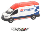 GreenLight 1:64 2017 Ford Transit LWB High Roof BFGoodrich cargo van with white body, red roof, and blue BFGoodrich graphics front three-quarter view