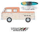 GreenLight Volkswagen Type 2 Crew Cab with surfboards 1:64 scale diecast in weathered orange and white finish.
