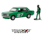 GreenLight 1970 Datsun 510 with race car driver figure in green 1:64 scale diecast.