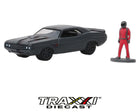 Front angle view of the matte grey Dodge Challenger diecast with race car driver figure.