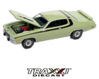 1973 Plymouth Road Runner 440 Rallye Green Auto World 1:64 loose model with opening hood displaying detailed engine compartment