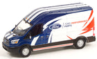 2019 Ford Transit LWB High Roof Ford Performance Parts GreenLight 1:64 front three-quarter view showing the blue, white, and red service livery.