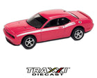 2010 Dodge Challenger R/T Furious Fuchsia Johnny Lightning 1:64 side profile showing white R/T stripes and chrome wheels