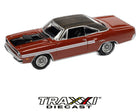 Johnny Lightning 1:64 1970 Plymouth GTX in Burnt Orange Poly front three-quarter view with black roof treatment