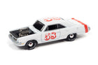 Johnny Lightning 1970 Dodge Dart Swinger White Hot 1:64 diecast with exposed supercharged engine and rear spoiler.