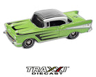 Johnny Lightning Street Freaks 1957 Chevrolet Bel Air Kustomized in Bright Metallic Lime front three-quarter view