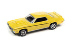 Johnny Lightning 1969 Mercury Cougar Eliminator Yellow 1:64 front three-quarter view showing black side stripe, hood scoop, rear spoiler, and chrome-style wheels.
