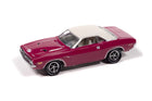 1971 Dodge Challenger R/T Johnny Lightning 1:64 diecast finished in Panther Pink with a white vinyl roof, chrome wheels and Goodyear Polyglas GT tires.