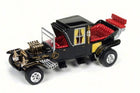The Barris Koach Johnny Lightning 1:64 diecast showing the black custom coach body, exposed chromed engine, gold accents and red tufted interior.