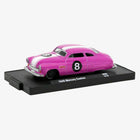 M2 Machines 1949 Mercury Custom Holley Carburetor Co. 1:64 diecast finished in bright pink with white racing stripes, number 8 graphics and display base.