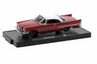 M2 Machines 1957 Chrysler 300C Hooker BlackHeart 1:64 diecast finished in metallic burgundy with a white roof, chrome trim and black display base.