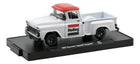 M2 Machines 1958 Chevrolet Apache Stepside Holley Equipped 1:64 diecast finished in white with a red roof, Holley graphics and black display base.