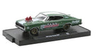 M2 Machines 1966 Dodge Charger HEMI Speed Dawg 1:64 diecast featuring metallic green paint, white racing stripes, exposed supercharged HEMI engine and black display base.