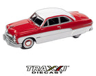 Racing Champions Mint 1950 Ford Coupe 1:64 scale diecast in red and white front three-quarter view