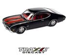 Black 1969 Oldsmobile 442 diecast with red stripes front view