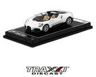 Front three-quarter view of white Bugatti Mistral Poster Cars 1:64 model with tan interior