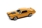 1970 Mercury Cougar Eliminator Johnny Lightning 1:64 diecast in Competition Gold with black hood graphics, rear spoiler and chrome wheels.