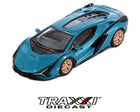 Front three-quarter view of Lamborghini Sián FKP 37 Blu Uranus Poster Cars 1:64 diecast model with gold wheels