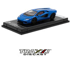 Front three-quarter view of blue Lamborghini Countach LPI 800-4 Poster Cars 1:64 diecast model