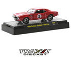 1968 Pontiac Firebird 400 H.O. M2 Machines 1:64 red Holley Hi-Performance Products model displayed on black base with white racing stripes and number 1 graphics