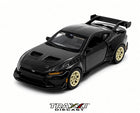 Maisto 2025 Ford Mustang GTD Black Metallic 1:64 Speed Icons diecast in blister packaging with gold wheels and large rear wing