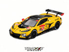 Mini GT 2025 Chevrolet Corvette Z06 GT3.R #4 Daytona 1:64 diecast in yellow with Corvette Racing livery, black wheels and rear wing.