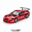 Mini GT Toyota Supra A80 Top Secret GT-300 1:64 diecast in Red Chrome with widebody aero, Top Secret graphics, silver wheels and large rear wing.