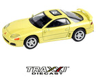 Front three-quarter view of Mitsubishi 3000GT GTO Martinique Yellow Pearl Paragon Para64 1:64 diecast