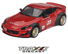 Front three-quarter view of Nissan Z Pandem Passion Red Mini GT 1:64 diecast model