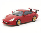 Porsche 911 GT3 Type 996 Red Tarmac Works 1:64 front three-quarter view showing gold multi-spoke wheels and fixed rear wing.